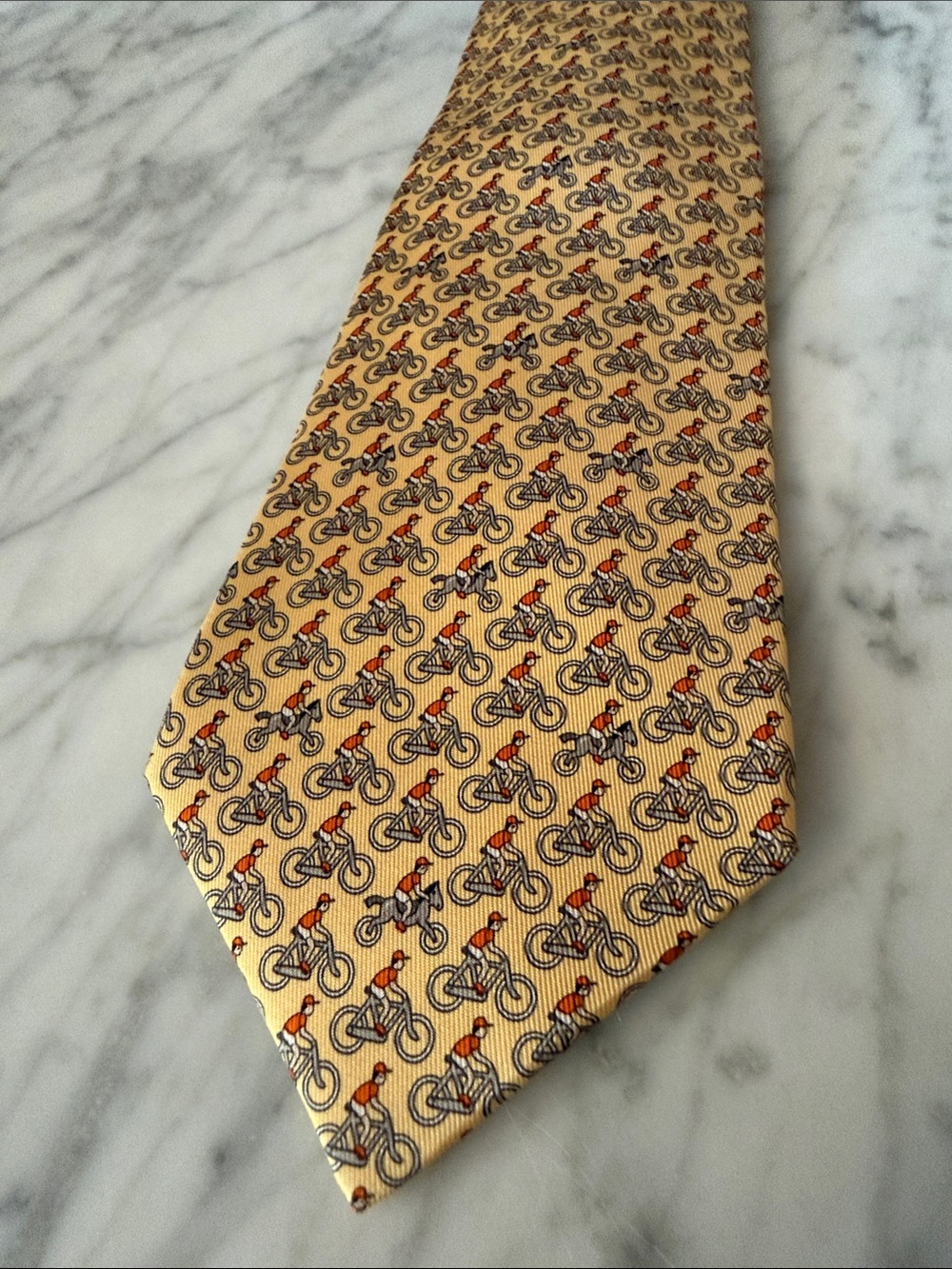 Hermes Yellow Silk Tie with Bicyclist Motif
